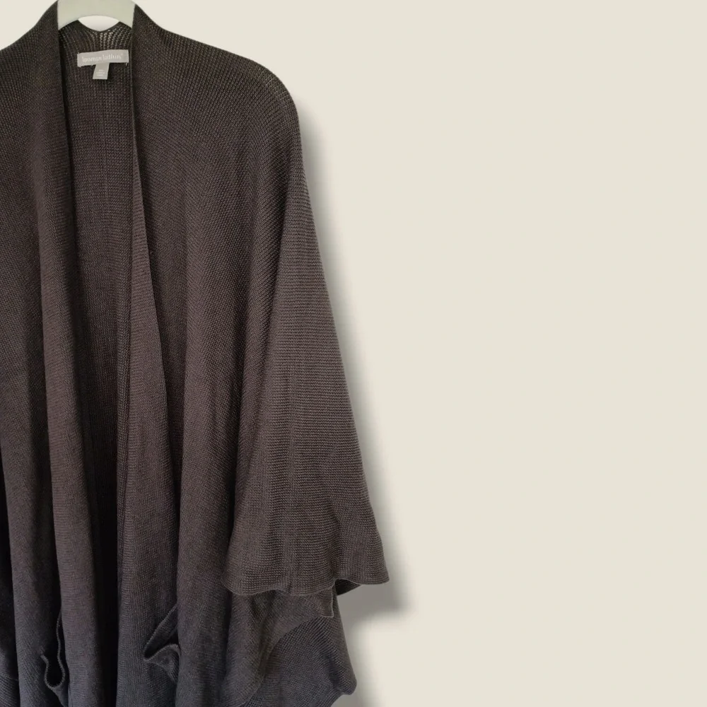Woman Within Brown Open Front Fringe Hem Poncho Cape Pockets Oversized Cabincore